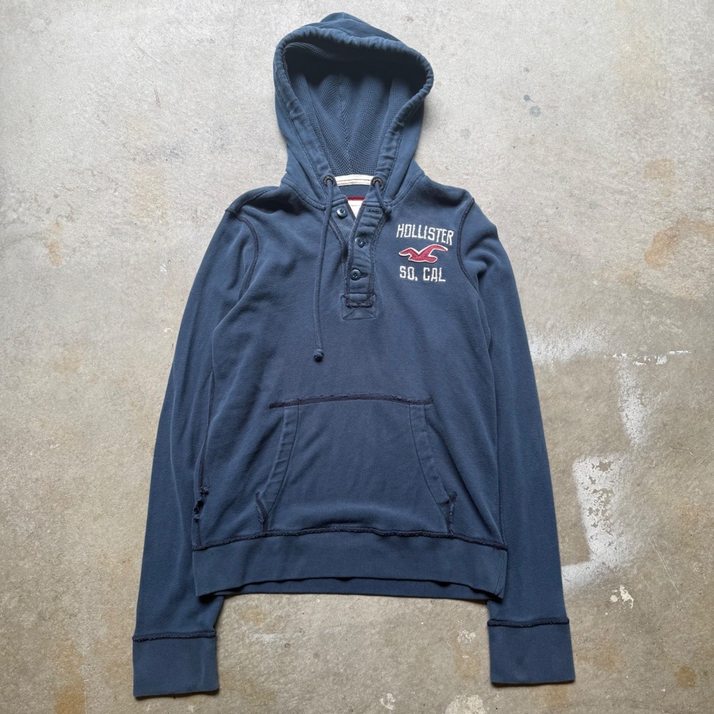 Y2K Hollister Mens Navy Blue Henley Hoodie Waffle Lined L